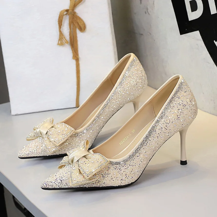 

Women's sequined beaded high heels, pointed toe, low-cut, bow-embellished rhinestone stilettos