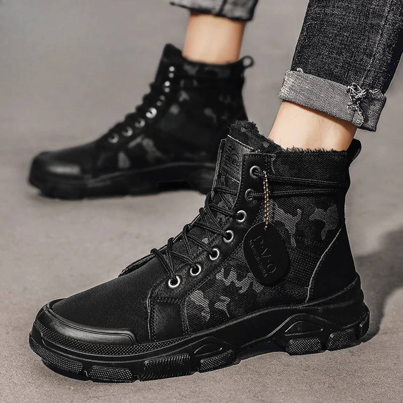 

2025 Winter Men's Warm Anti Slip Thickened Fleece Lined Snow Boots High Top Camo Utility Style Lace Up Casual Cotton