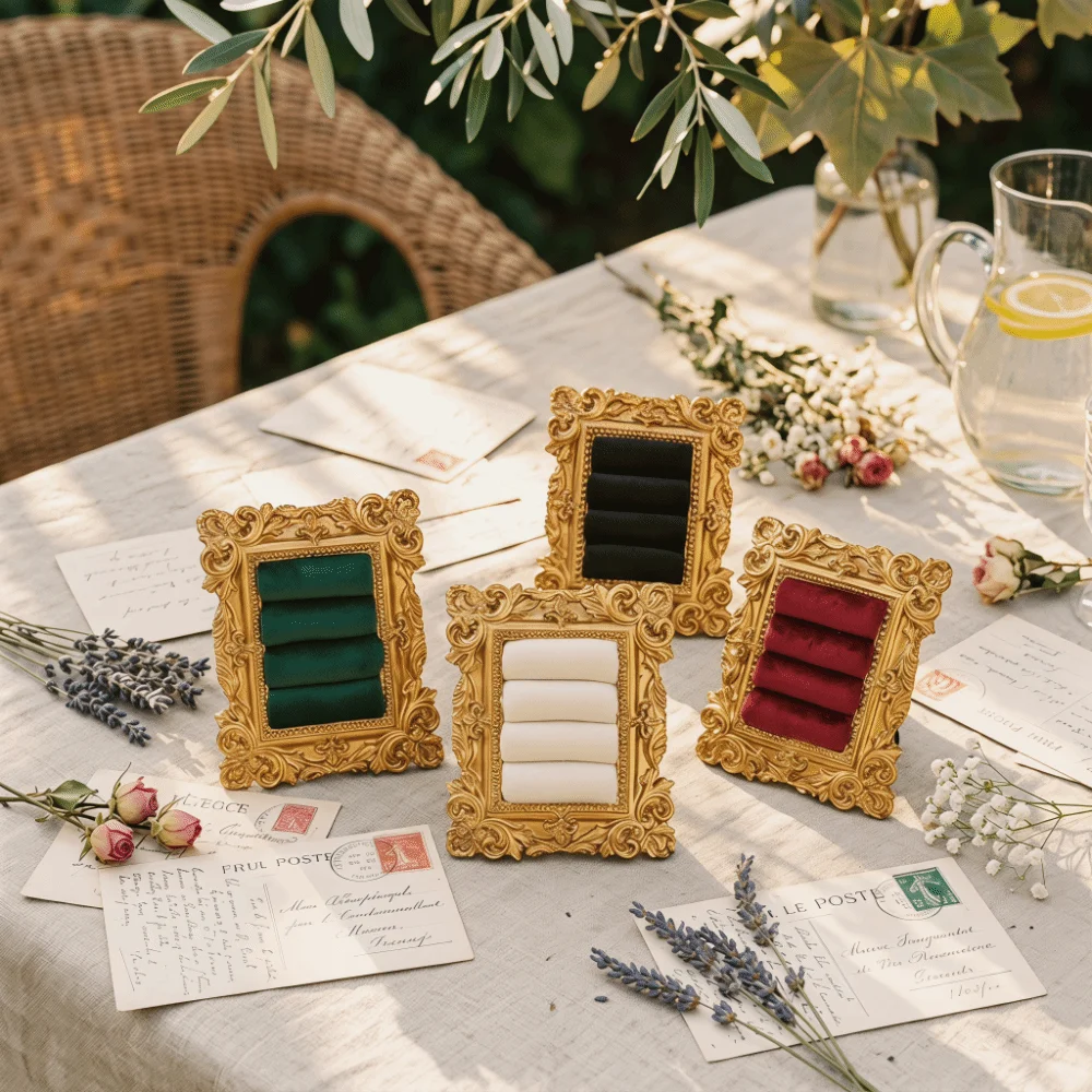 Vintage Photo Frame Earring Holder Resin Frame Velvet Ring Display Stand Baroque Design Chic Necklace Display Stand Desk Storage