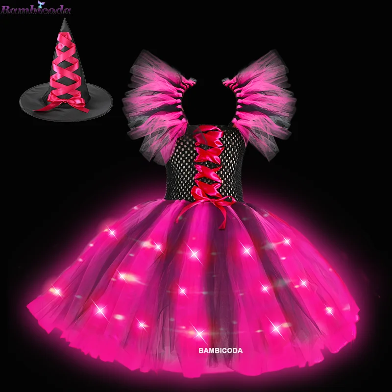 Halloween Girls Witch Dress Princess LED Light Up Dress for Girls Party Toddler Kids Pumpkin Costume Carnival Evening Dresses