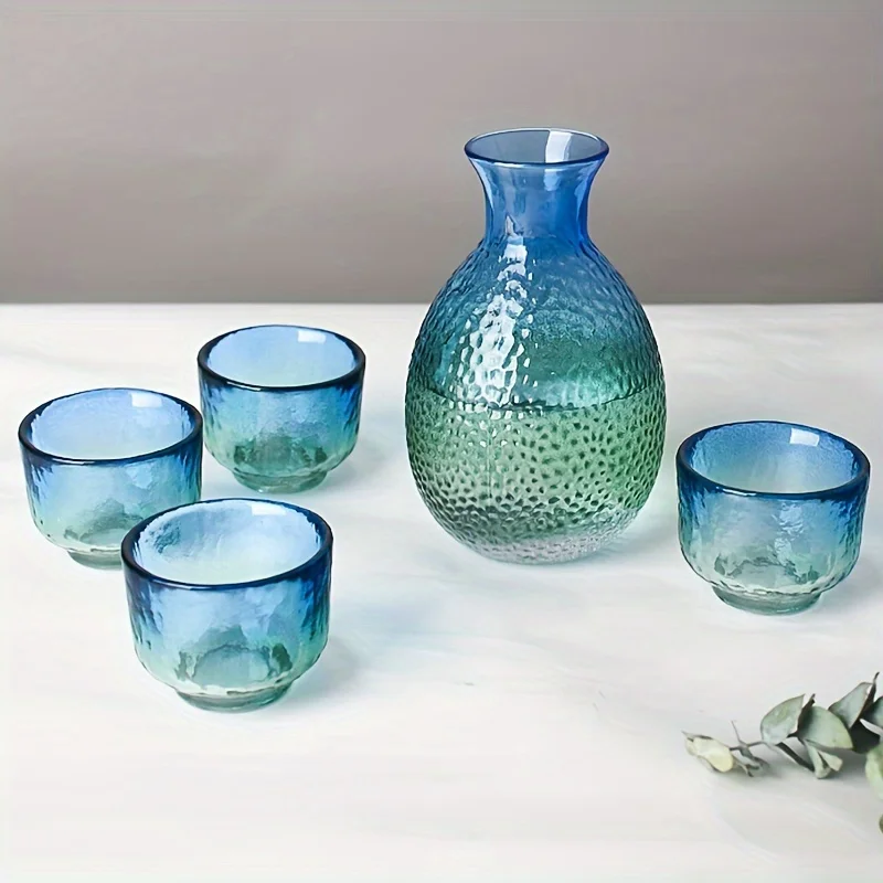 Hammered Glass Sake Bottle and Cups Home Barware Sake Set