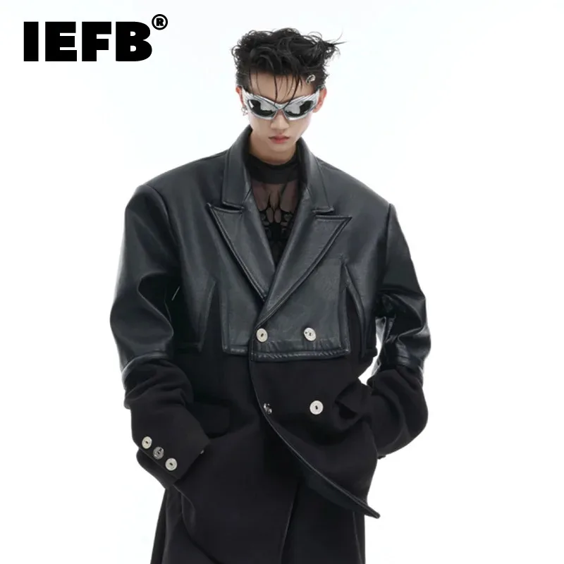 

IEFB High Street Мужская куртка из шерсти из искусственной кожи в стиле пэчворк с нерегулярным силуэтом, дизайн 2024, двубортная темная одежда, мужской топ 24E2722