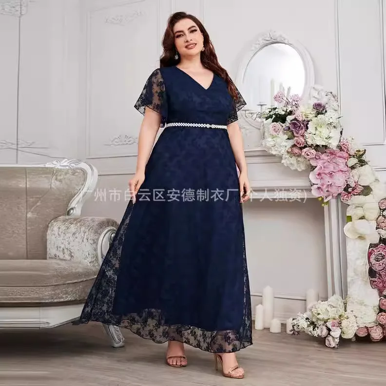 Plus Size Dresses Large Place Dress In A Fashion And Elephant V-neck Even Dress With A Large Waitband And Summer Long Skirt