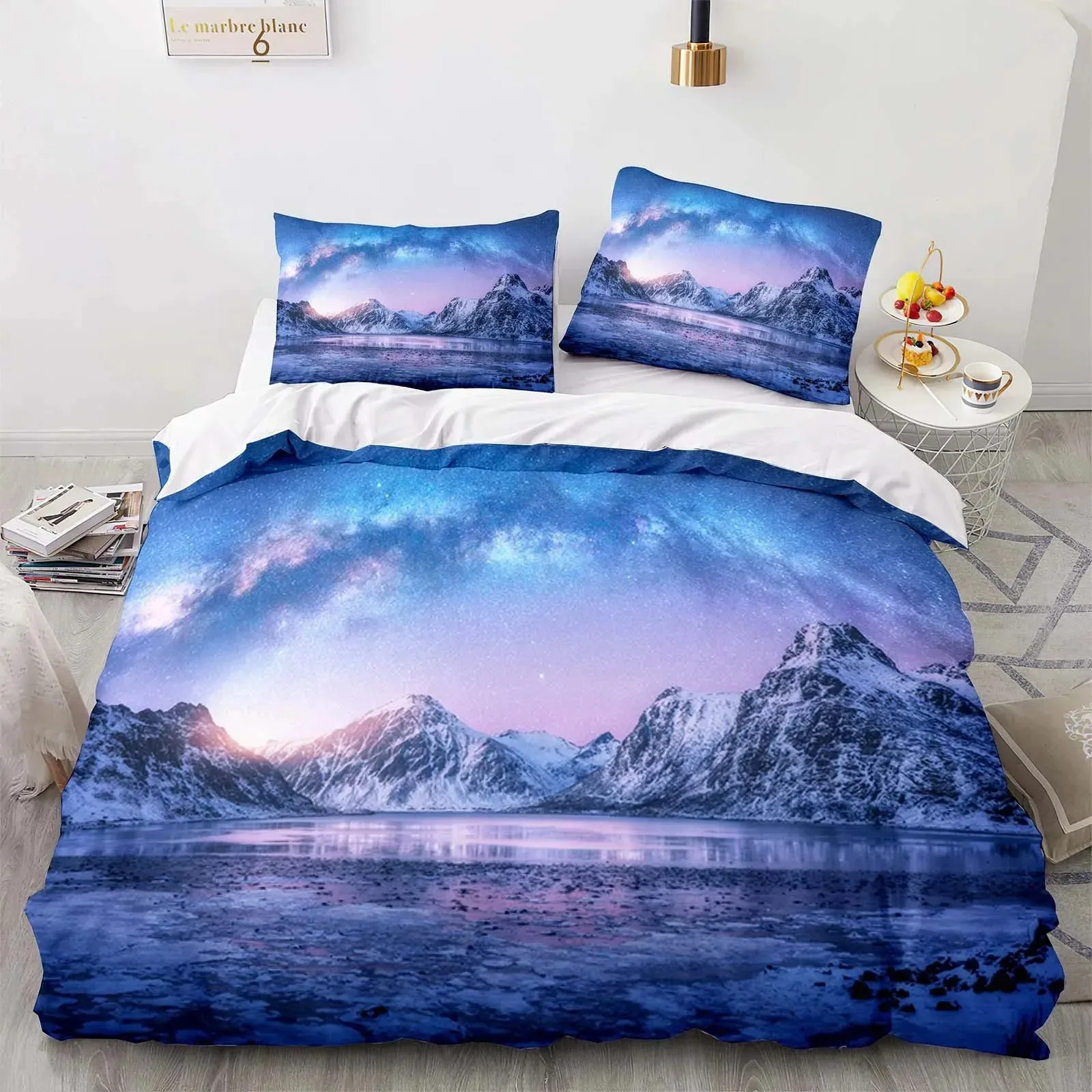 Mountain Aurora Bedding Set Romantic Galaxy Landscape Bedclothes Single Double Queen Twin Full Size Duvet Cover Women Bed Linen