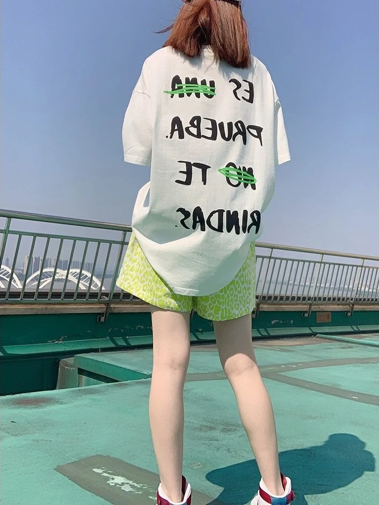 Ladies Stylish Fluorescent Green Animal Print Jeans Shorts Baggy A-shape Flare Leg Relaxed Fit Everyday Wear Flattering Fashion
