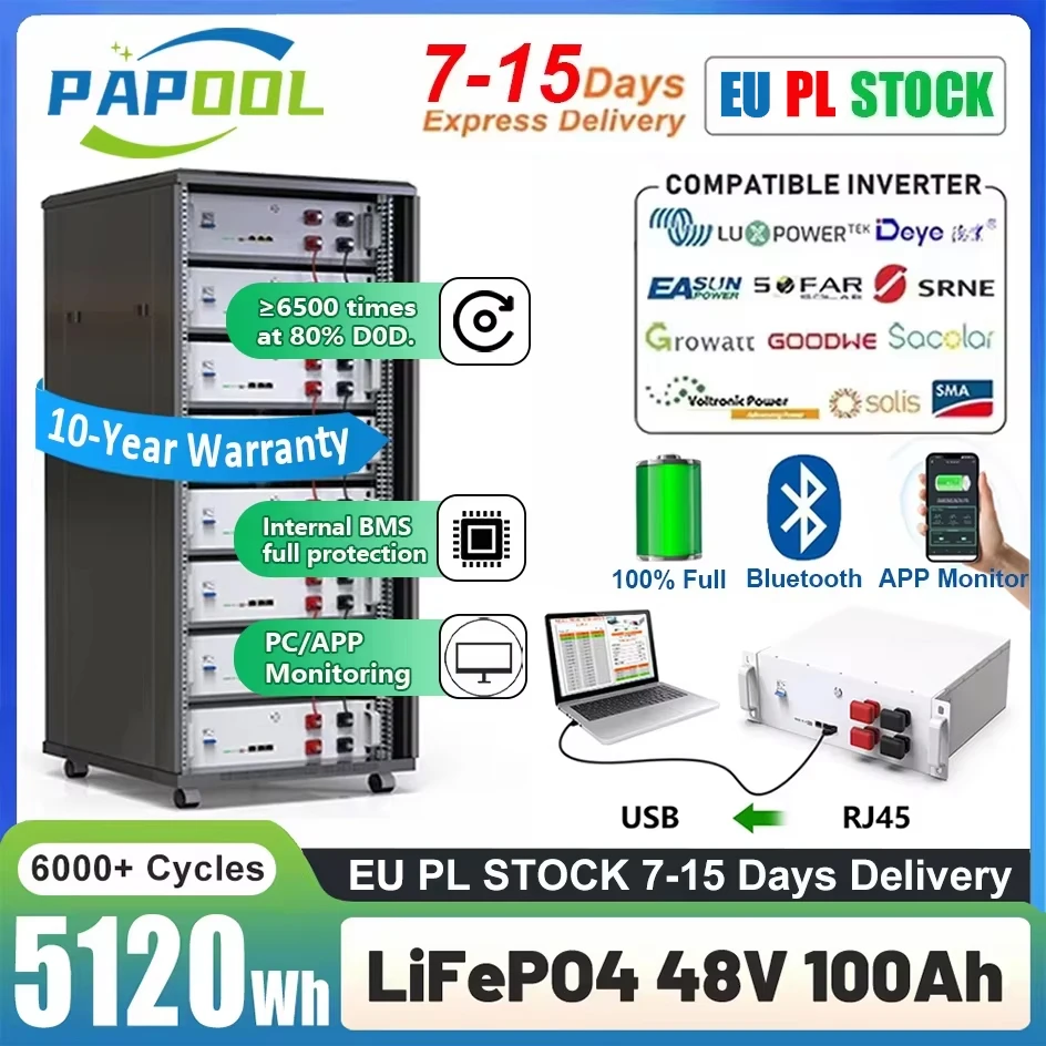 48V 100Ah 200Ah LiFePO4 بطارية حزمة 5Kwh 10Kwh 6000 دورات بلوتوث 16S BMS RS485/CAN شاشة كمبيوتر 120Ah 150Ah 300Ah الاتحاد الأوروبي UA الأسهم