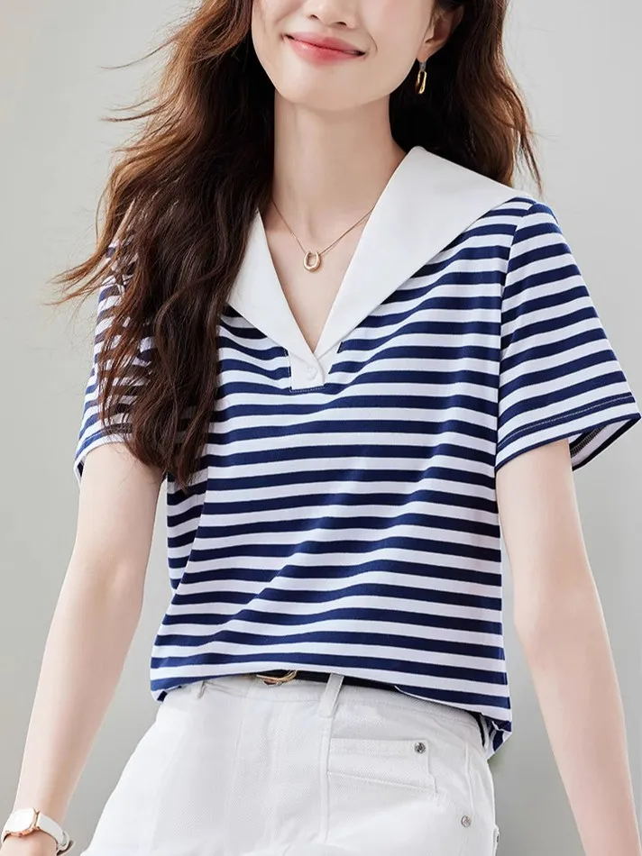 

Summer New Sle Women's T-irt Naval Fre Horizontal Stripes ort Sve Large Collar Slimming Top Color Blo Design