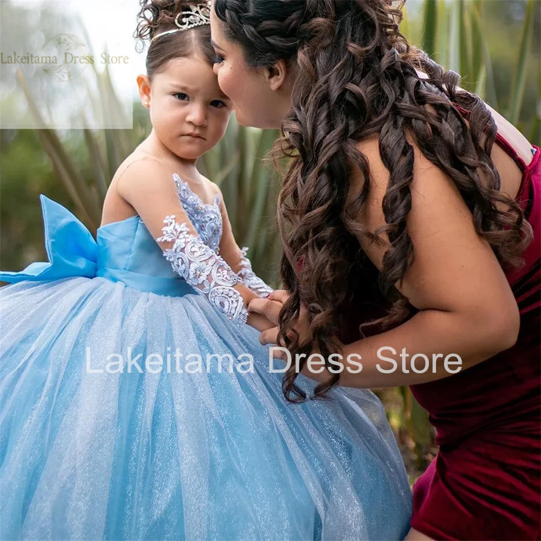 Robes à fleurs bleu ciel pour filles, en Tulle, avec nœud perlé, manches longues, pour fête de mariage, anniversaire, concours, Robe de première Communion