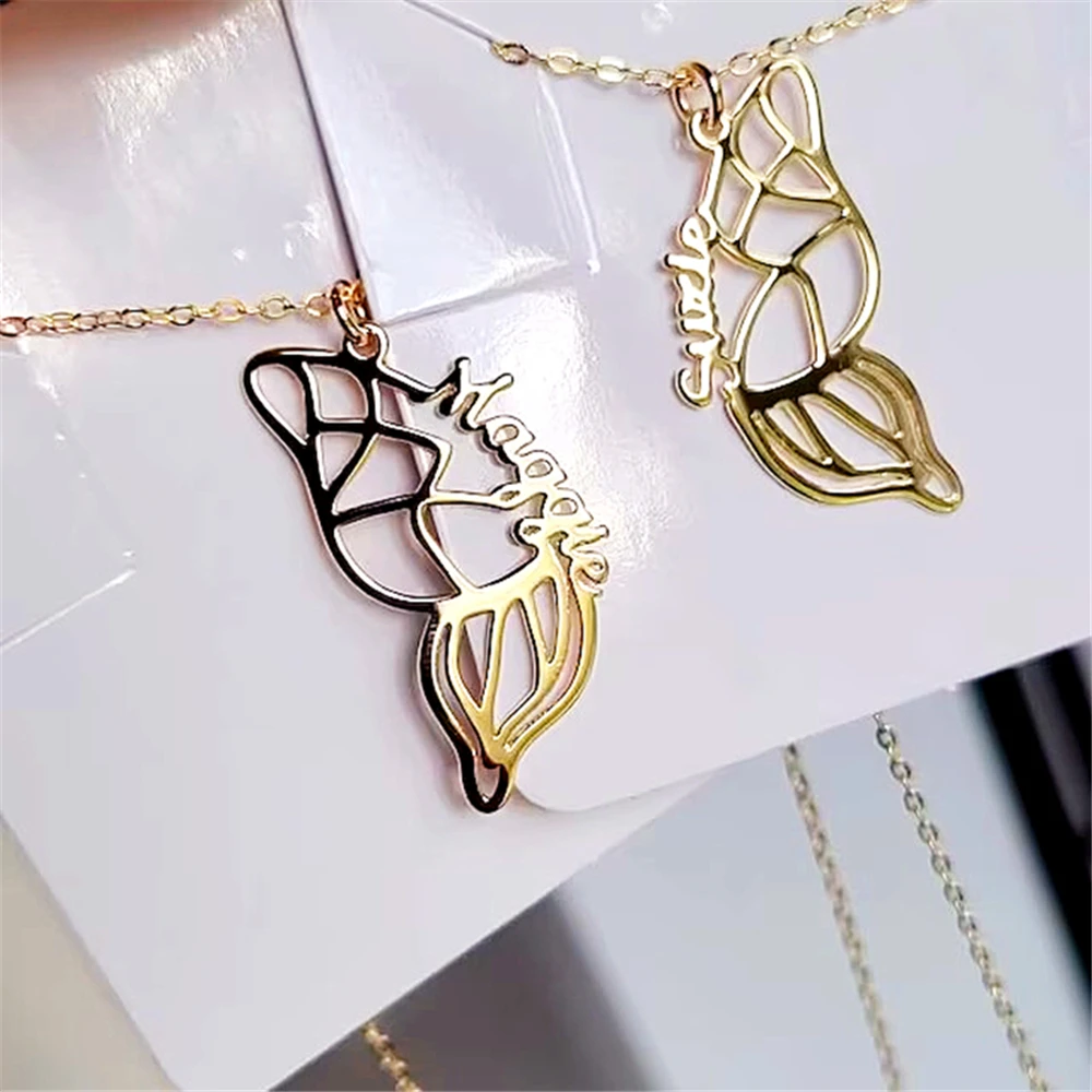 Customied Two Butterfly Name Necklace Personalized Stainless Steel Jewelry Butterfly Wing Letter Necklace for BFF best friends