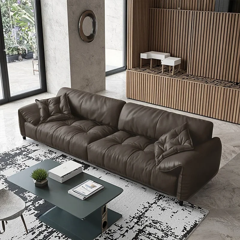 # 2026 Hot Selling Genuine Leather Tufted Upholstered Pillow-top Arm Sofa Living Room Furniture with Solid Wooden Frame