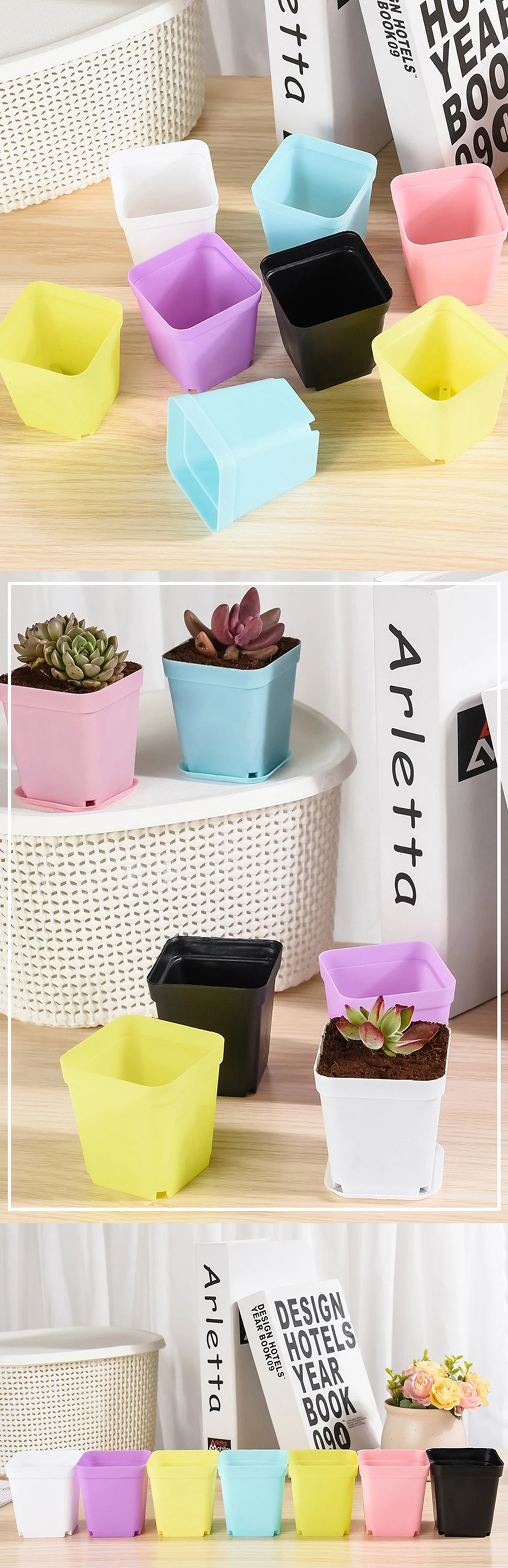 20 Teile/satz Candy Farbe 7cm Platz Mini Blumentopf mit Tablett Büro Desktop Anlage Wachsen Container Sukkulenten Topf Garten Kindergarten ZYF – Detail 2
