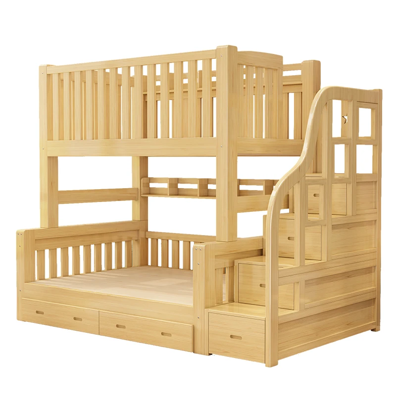 

high and low bunk with high guardrails, mother and child with high guardrails, safe on and off the bed