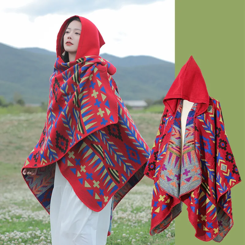 

Unisex Imitation Cashmere New Tourism Cloak Women Hooded Warmth Scarf Big Size Outwear Autumn Winter Capes Men Shawls