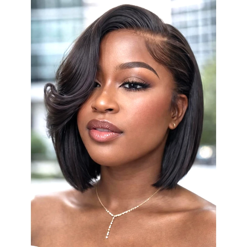 

UNice Bye-Bye Knots ™ 7x5 кружевные бесклеевые человеческие волосы парики с боковой частью многослойный парик боб с боковой челкой 150% плотность