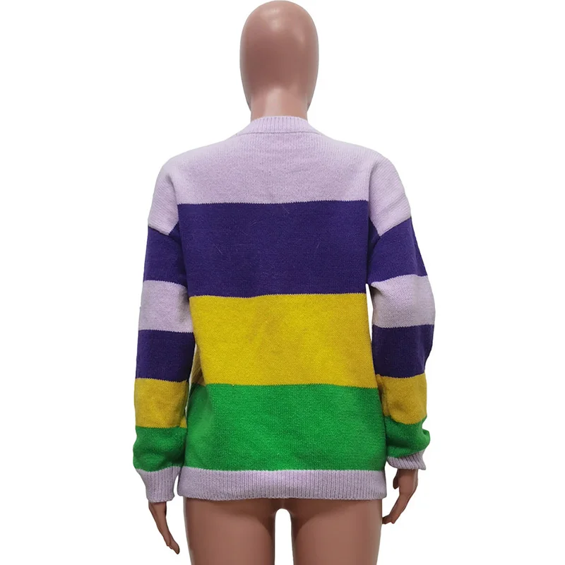 Mardi Gras Clothing Women Letter Sequins Striped Pullover Patchwork Loose Fit O Neck Sweaters