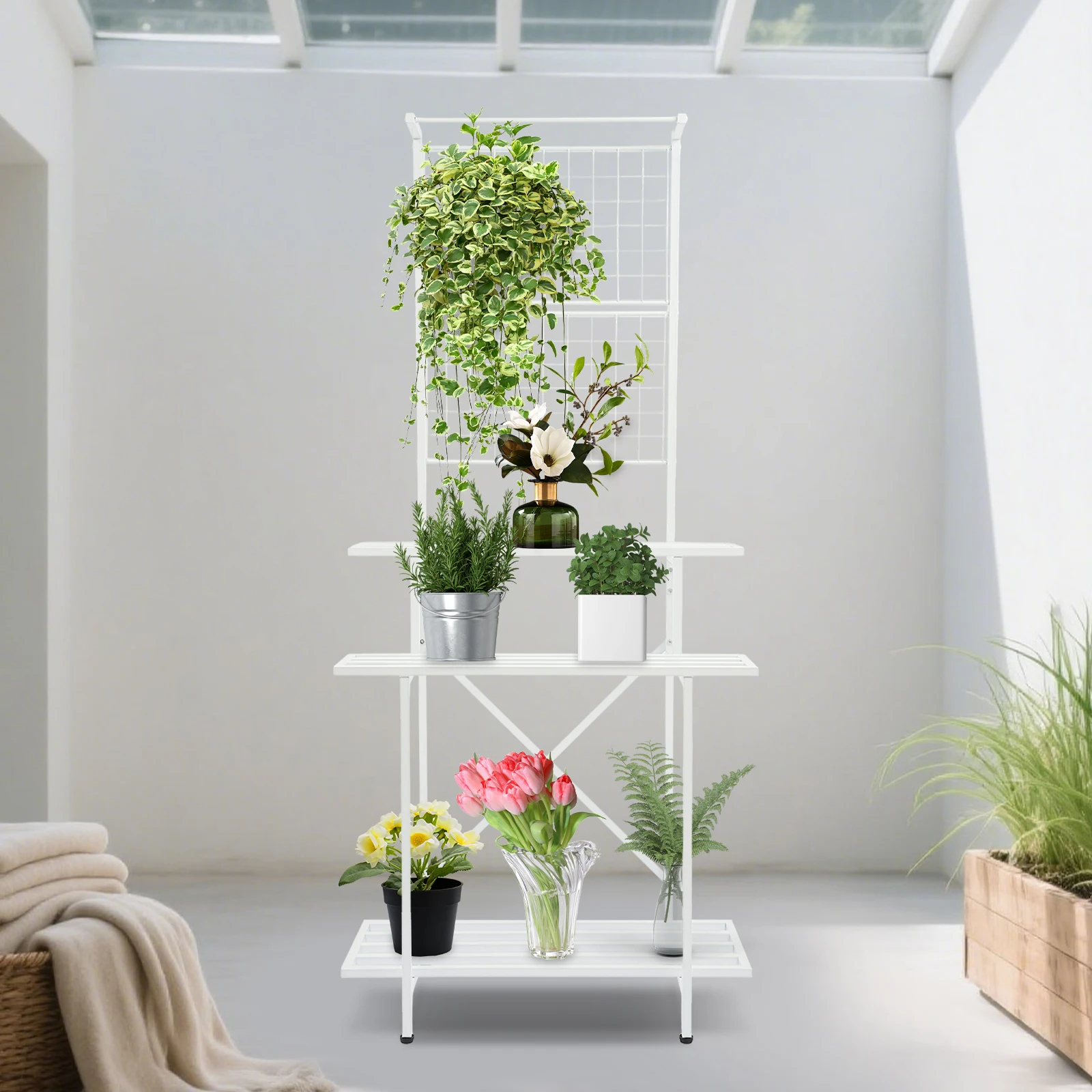 

White Steel Pipe 90x46x200cm Three-layer Hanging Flower Stand Multi-layer Plant Stand Balcony Living Room Flower Pot Stand