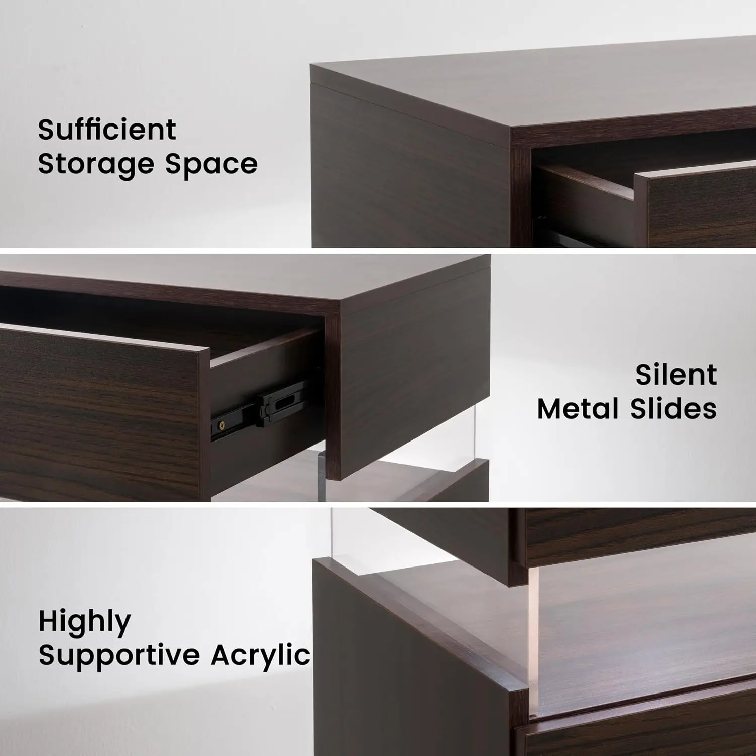 Brown LED Nightstand Modern Night Stand for Bedroom with Drawer