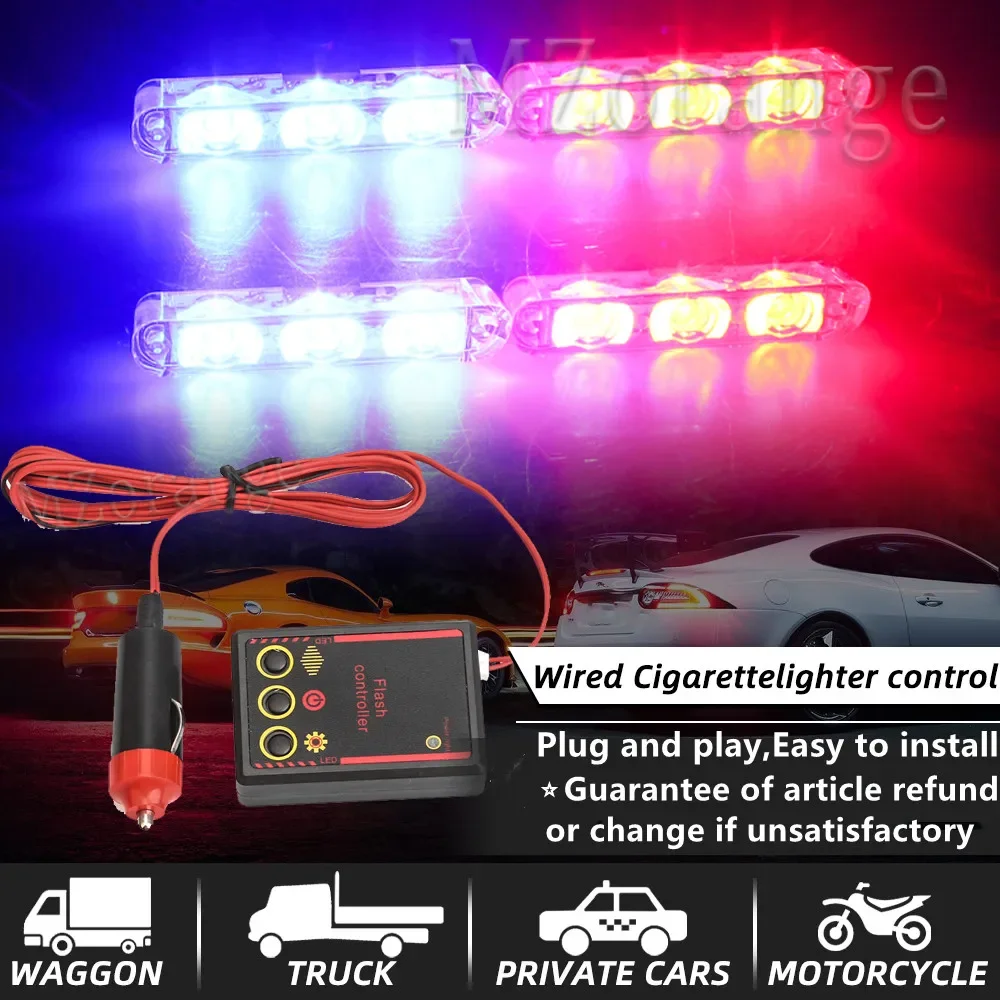 4*3 LED Lights Car Strobe Police Lights Cigaretteer Grill Warning Lamp 12V Motorcycles Flasher Fso Flashlight Car Accessories