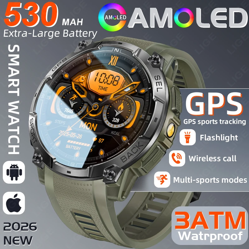 

LIGE New GPS Sports Positioning Smart Watch For Men 3ATM Waterproof AMOLED Screen Waterproof Watches 530mAh Battery Smartwatch