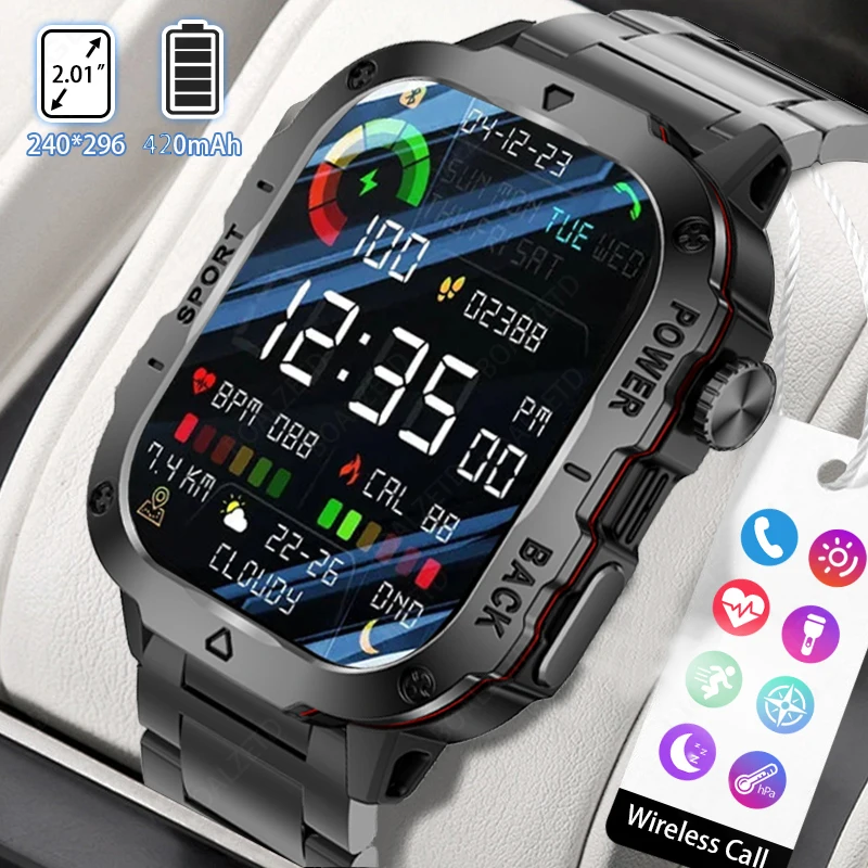 New Bluetooth Call Smartwatch 2.01 inch Screen Large Battery Compass Military Outdoor Waterproof Smartwatch For Huawei Xiaomi