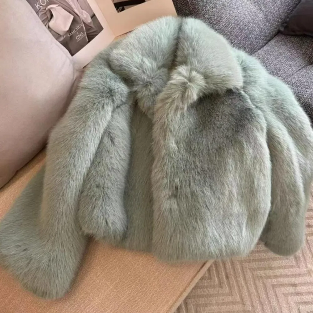 Winter Sweet Green Turn down Lapel Hairy Shaggy Faux Fur Coat Women Full Sleeve Furry Warm Short Outerwear