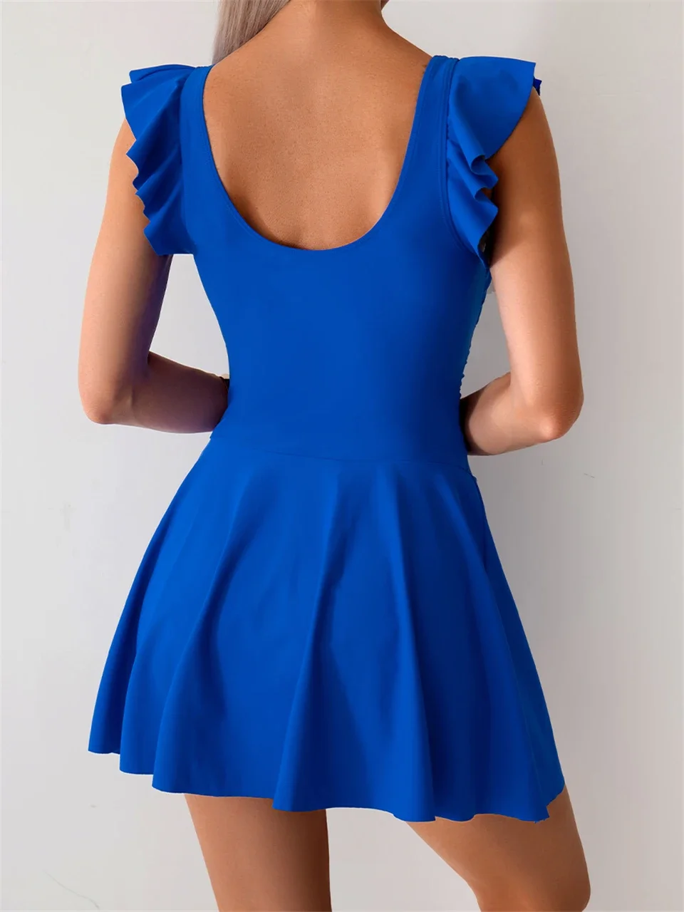 2025 traje de baño de una pieza con manga con volantes y cuello en U para mujer, Vestido de playa liso, traje de baño para mujer, bañistas, traje de baño para nadar, verano
