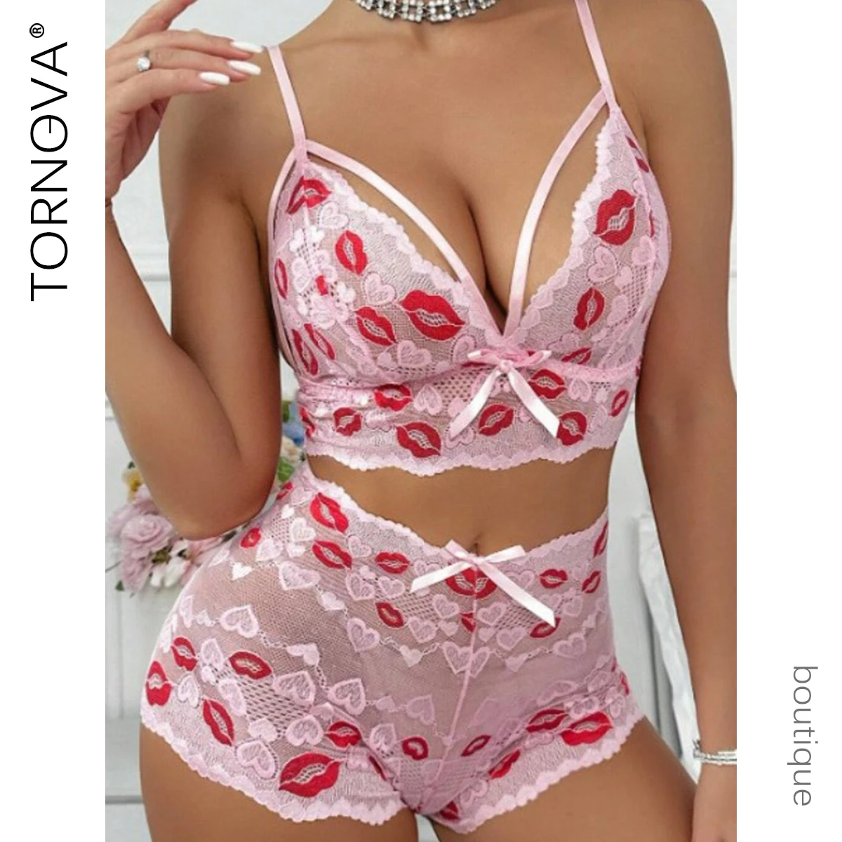 

Tornova Red Lips Printing Sexy Lace Underwear Set Slim Highwaisted Exposed Navel Hollow Out See-through Embroidery Underwear Set