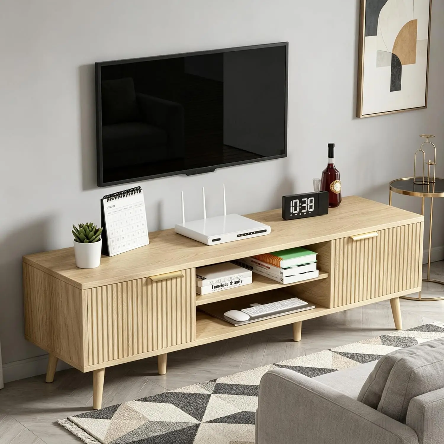 

TV Stand For 60/65 Inch,Mid Century Modern Boho Entertainment Center With 2 Cabinets And Open Shelves,Wood Console, Customized