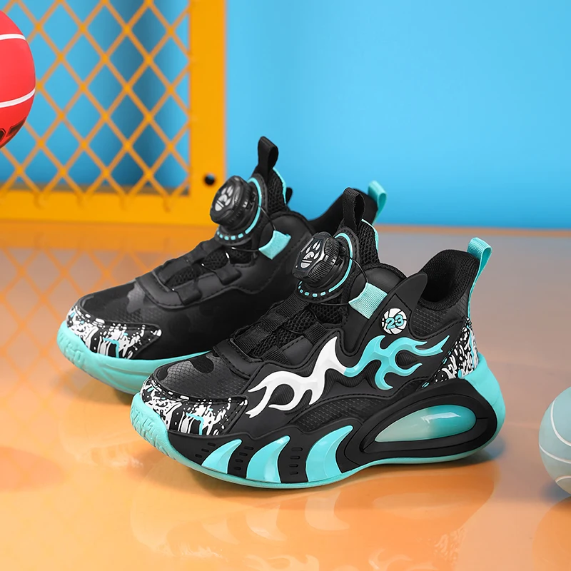 Um par de tênis de basquete de cano alto de couro infantil de quatro estações, tênis de basquete resistentes ao desgaste, tamanho 28-39, JT-2825