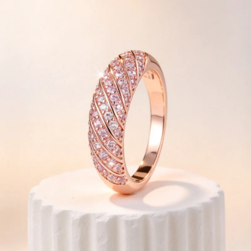 2026 New Spiral Interwoven Pink Zircon Ring with Cross Texture, Personalized Trend, Elegant Accessories From Europe and America