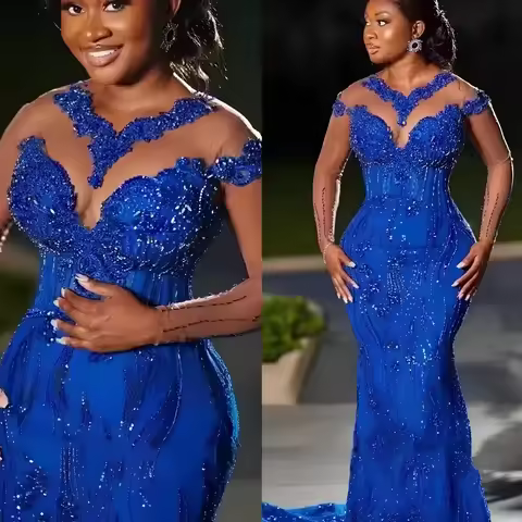 Royal Blue Aso Ebi Prom Dress 2025 Heavy Beaded Pearls Illusion Mermaid Evening Gowns Long Sleeve Wedding Reception Dress Custom