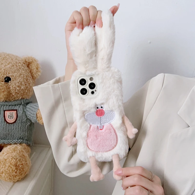 Cute 3D Rabbit Fur Plush Phone Shell For iPhone 14 13 12 Mini 11 Pro Max XS Max XR X SE 2020 6S 7 8 Plus Warm Plush Case