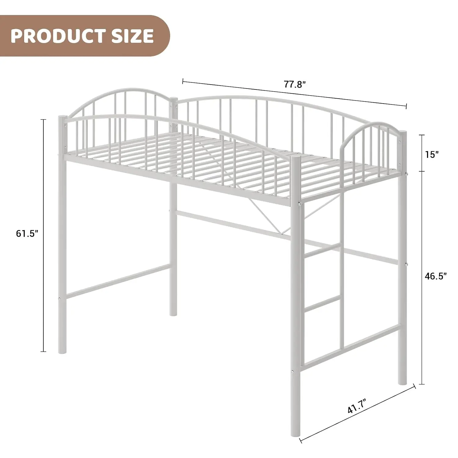 Twin Loft Bed with Arched Guardrail & Safety Ladder, White Heavy Duty Metal Bed Frame, Space Saving Design, No Box Spring Needed