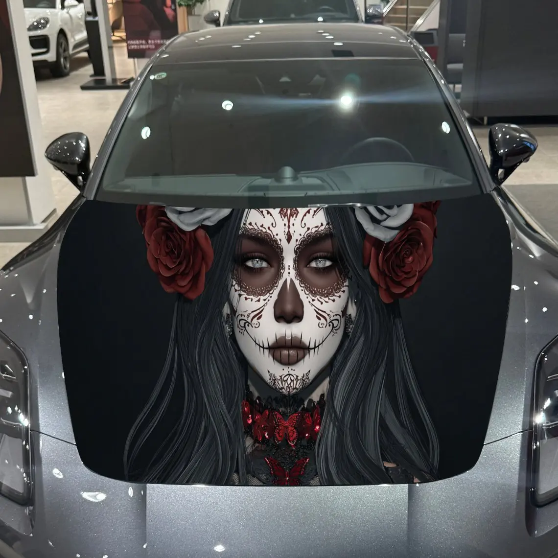 

Day of the Dead Lady Skull Romance Adventure Виниловые обертки на капот автомобиля из ПВХ, самоклеящаяся водонепроницаемая наклейка на капот автомобиля, C