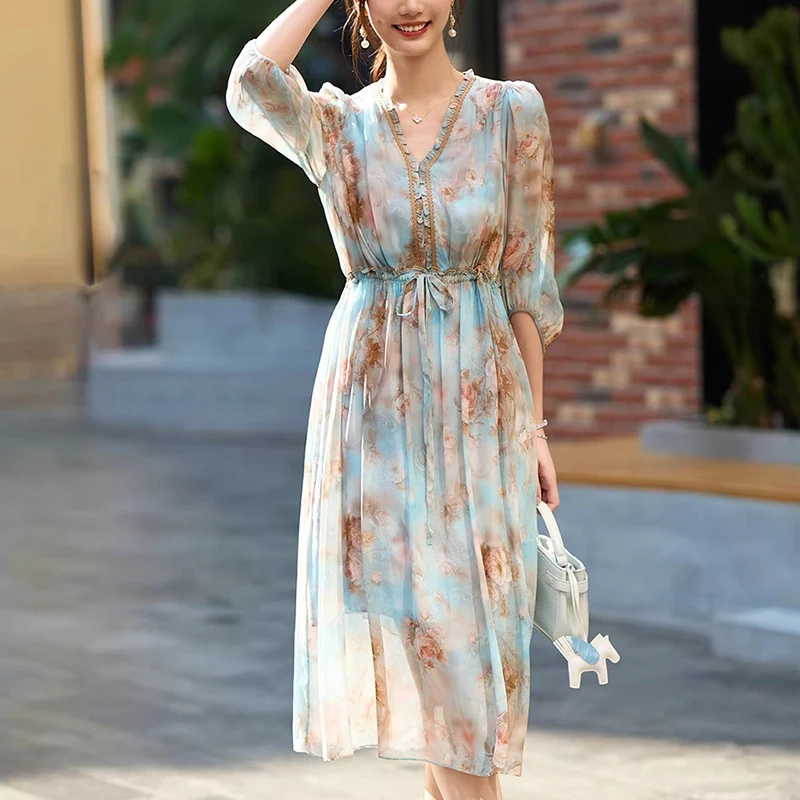 New Summer Dresses For Women V-neck 100% Real Silk Women's Long Dress A-line Holiday Style Elegant Chic Floral Print Dress