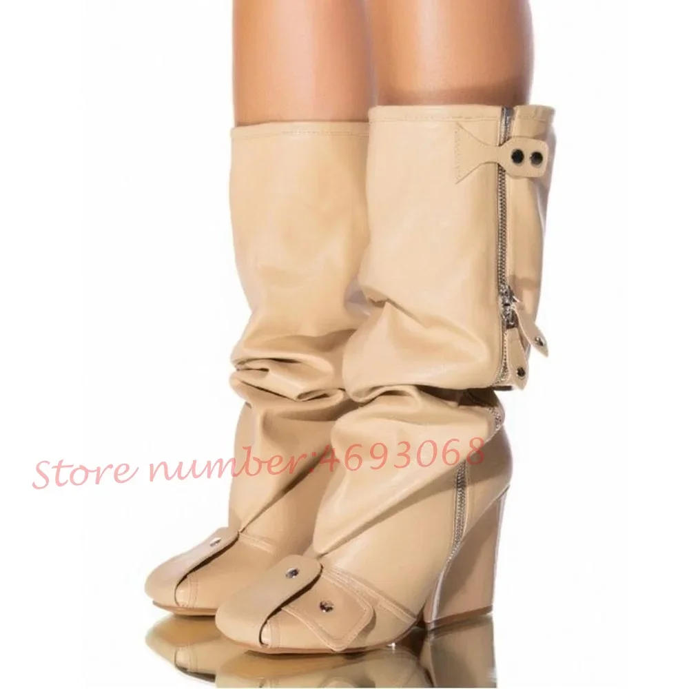 Nude Knee High Chunky Boots Women Luxury Wedge Zipper Decor Patchwork Square Toe Shoes Female Trending Autumn High Heels Boots