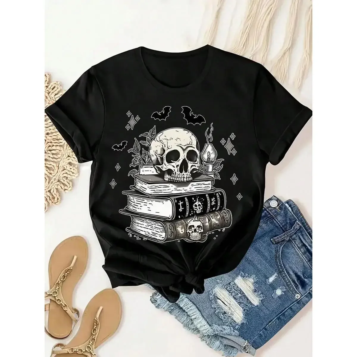 Women's Gothic Skull Book Graphic Streetwear T-Shirt - Black, Loose Round Neck Short-Sleeve Cotton Top, Bat & Pentagram Design, Soft Breathable, Classic Unisex Cut for Easy Styling, Summer Outdoor & Halloween Sports Wear