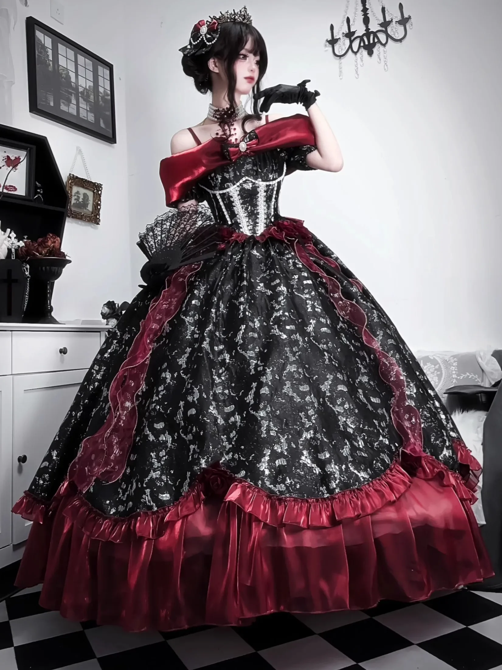 Halloween Cosplay Lo Long Sleeve Dress Female Slim-Fit Elegant Off-Shoulder Princess Together Remembrance Day Bar Mitzvah Dress