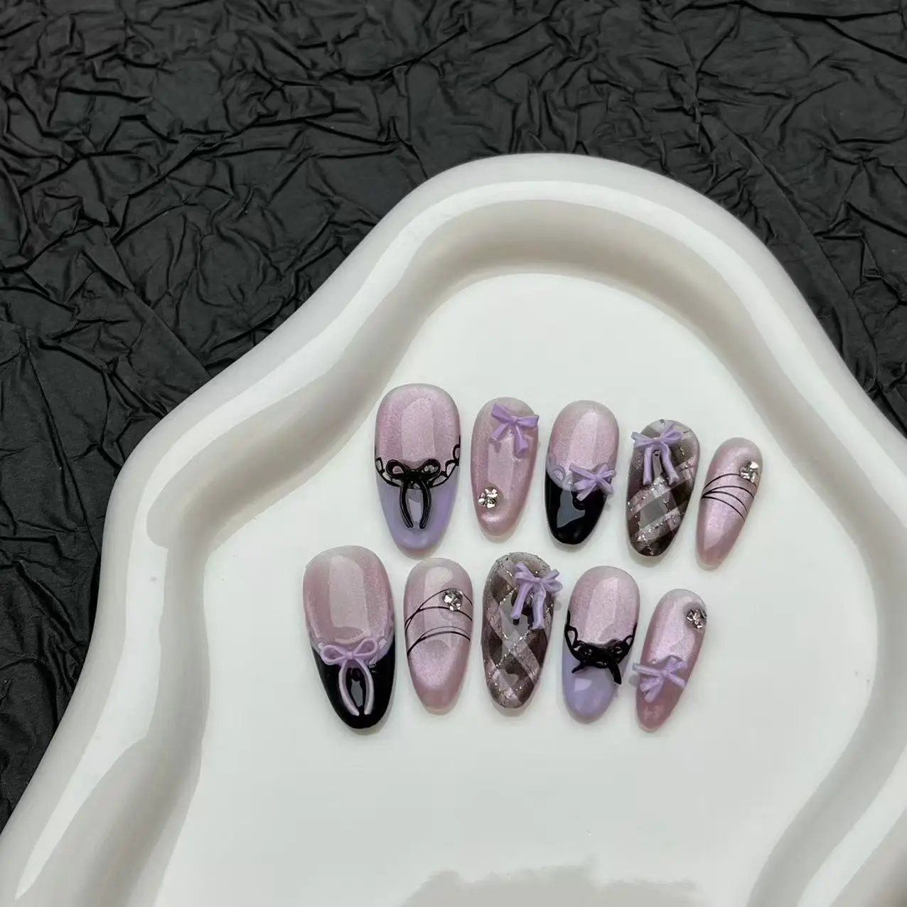 

10PCS Sweet Cool Purple Cat Eye Handmade Press on Nails Glitter Plaid Bowknot French Fake Nails Ins Style Wearable Nail Manicure