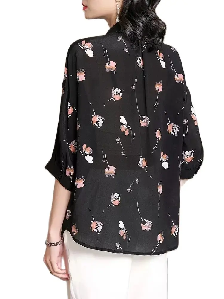 BirdTree 100%Real Silk Elegant Shirt For Women, Lapel Collar Printed Loose, Retro OL Commute Blouse, 2024 Spring New T42334QC