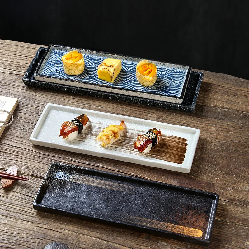 Japanese style sushi plate rectangular tray hot pot barbecue plate commercial ceramic tableware creative long plate