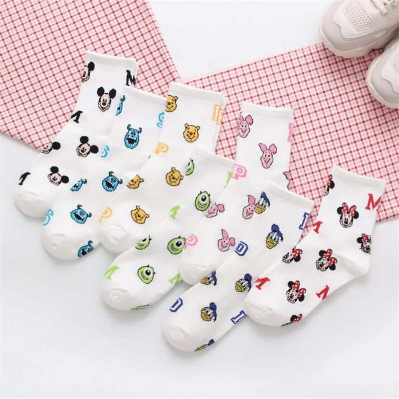 1Pairs Disney Cartoon Casual Socks Mickey Mouse Minnie Daisy Donald Duck Fashion Print Cotton Sock for Women Socks Girls Gift