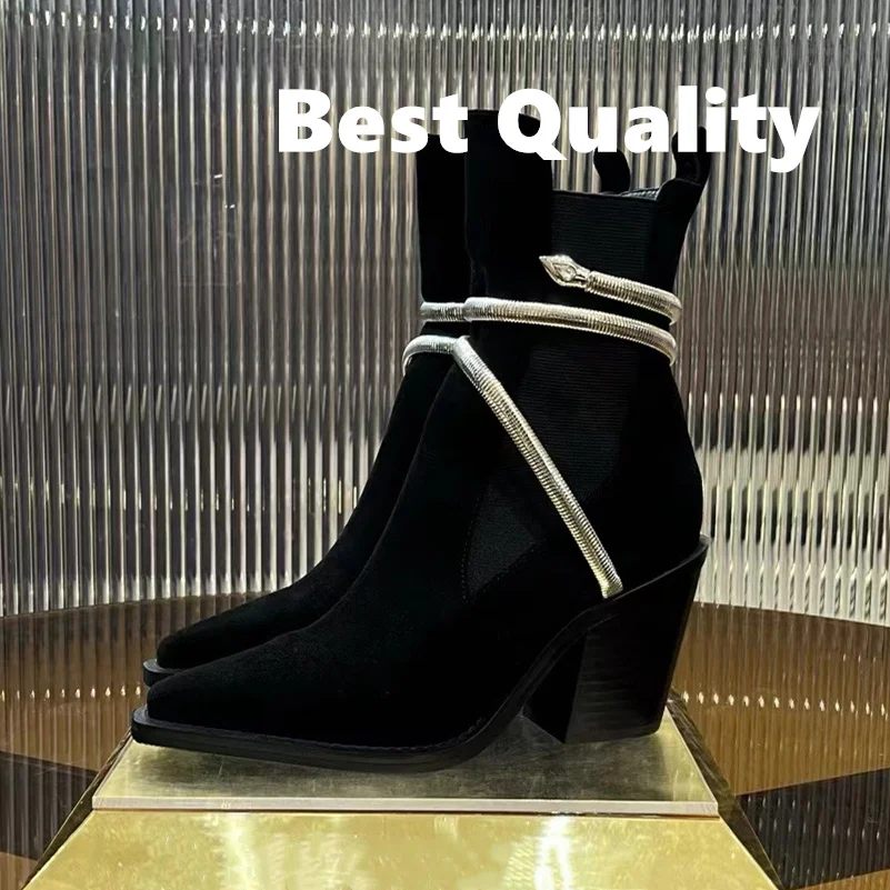 2024 Women's Chelsea Short Boots Sharp pointed and thick heel Snakehead entanglement Cow suede material Party Shoe