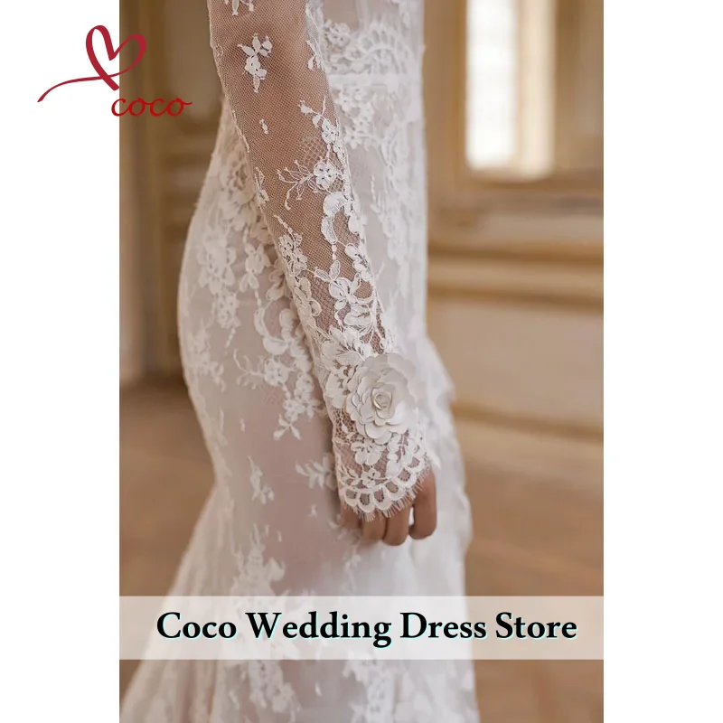 تخصيص مثير عارية الذراعين الدانتيل حورية البحر فساتين الزفاف قبالة الكتف طويلة الأكمام أثواب الزفاف الوهم بطانة فستان العروس #3