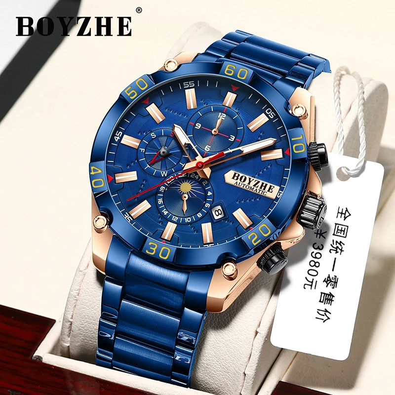Watches Mens BOYZHE Top Brand Luxury Mechanical Watch for Men Stainless Steel Sport Waterproof Moon Phase Automatic Wristwatch