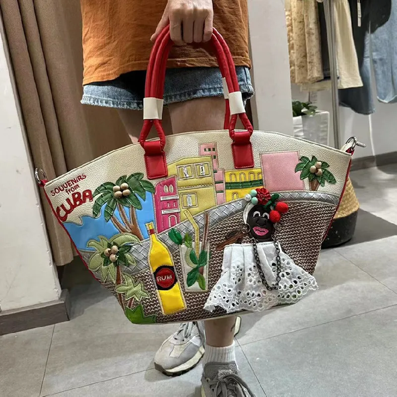 Graffiti handbag large capacity shoulder luxury bag niche splicing embroidered vegetable basket bag vacation travel shopping bag