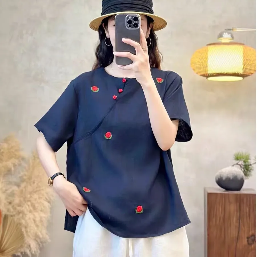 New Chinese Sle Loose Fit round Ne ort Sve Embroidered Linen irt Women Summer Anti-Aging Slimming Top