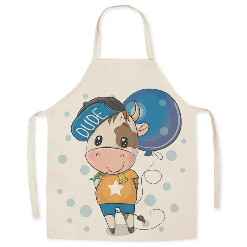 Cartoon Calf and Balloon Print Apron Kids Linen Apron Kitchen Cooking Cleaning Baking Accessories Stain Resistant Apron Adult