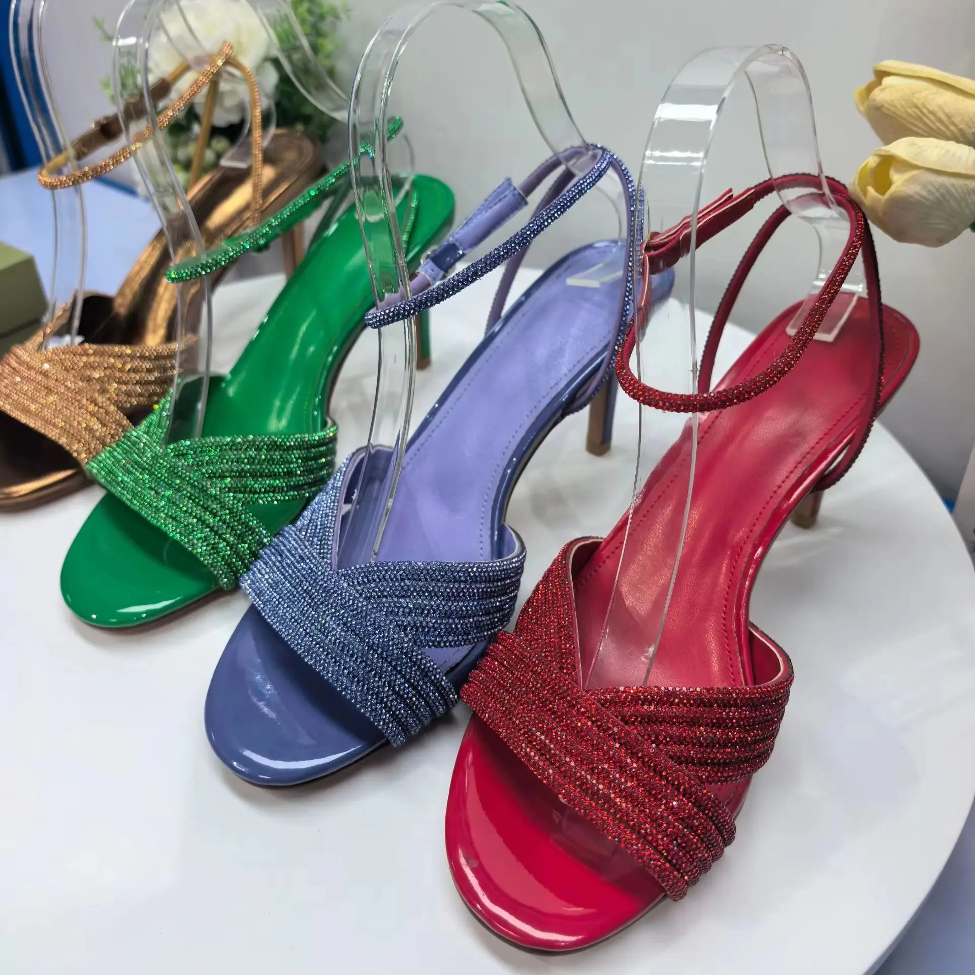 Design Women's High Heel Open Toe Sandals Bright Leather Slingback Crystal Detail Summer Holiday Fashion Ladies' Footwear