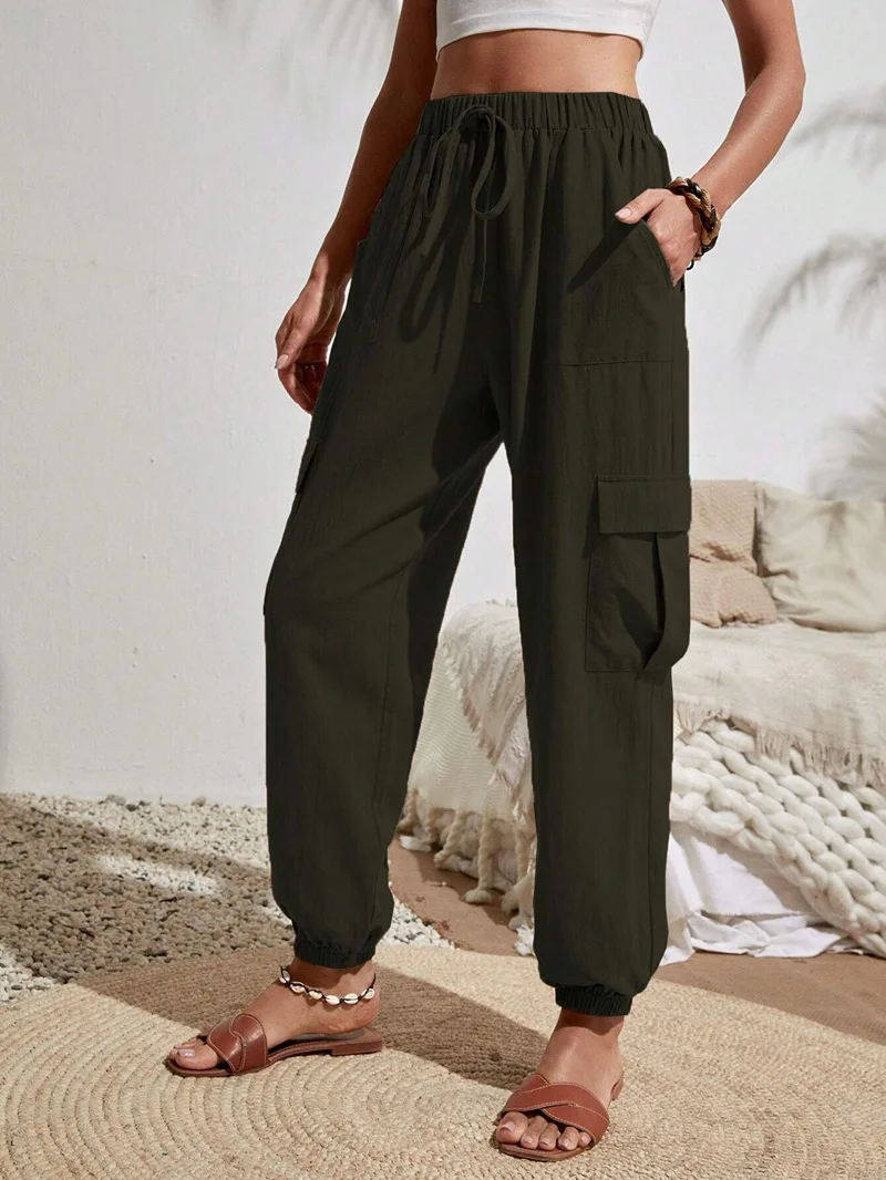 

Women's Pants Casual Nine-Point Pants Pocket Elastic Waist Casual Street Solid Color Basic Pants Women